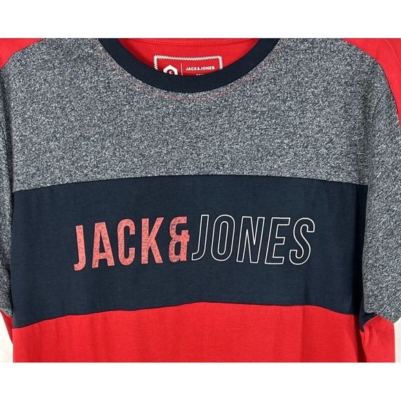 JACK & JONES Mens XL Core Colorblock T-Shirt Top Grey Red Large Logo UK Size NWT - Picture 2 of 11